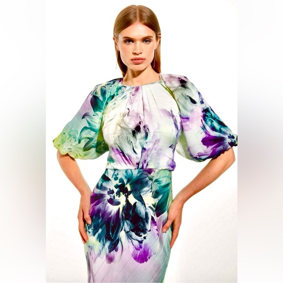 Karen Millen Multicolor Floral Maxi Dress w Puff Sleeves - Picture 4 of 13